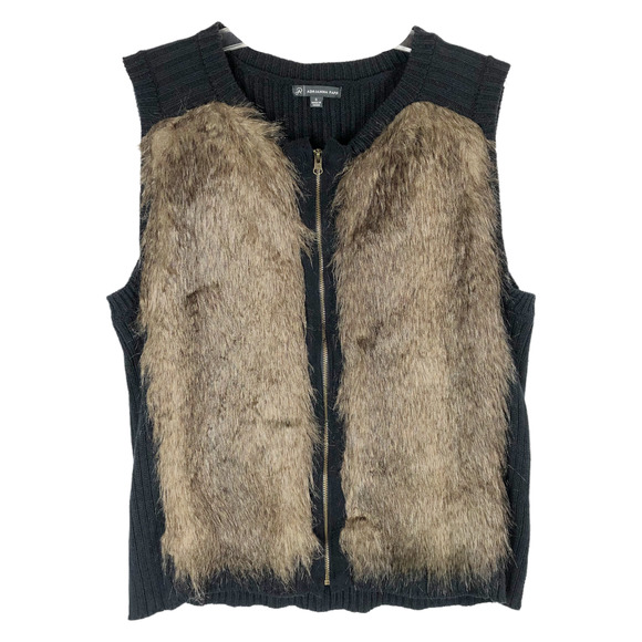 Adrianna Papell Small Vest Faux Fur Front Knit Black Back Crew Neck Full Zip 241 - Picture 1 of 5